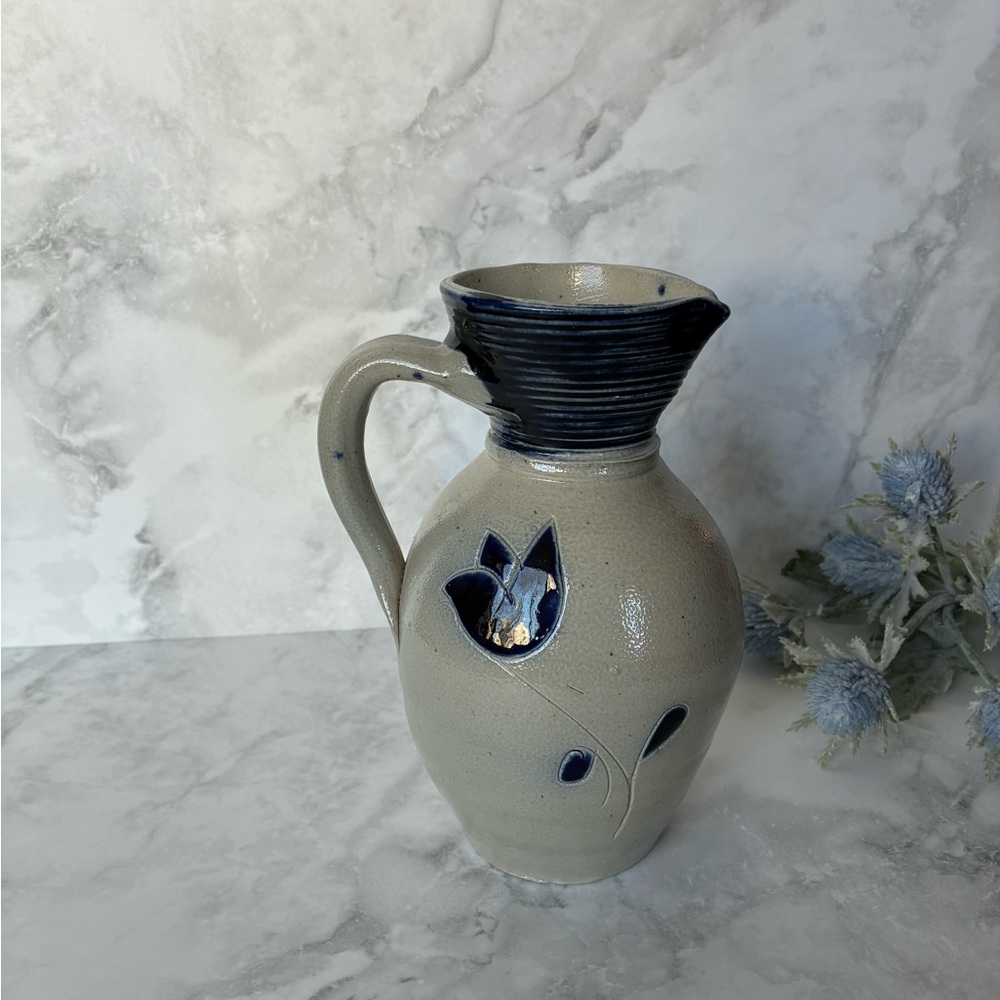 Williamsburg Pottery Salt Glazed Stoneware Pitcher with Hand-painted Tulip.